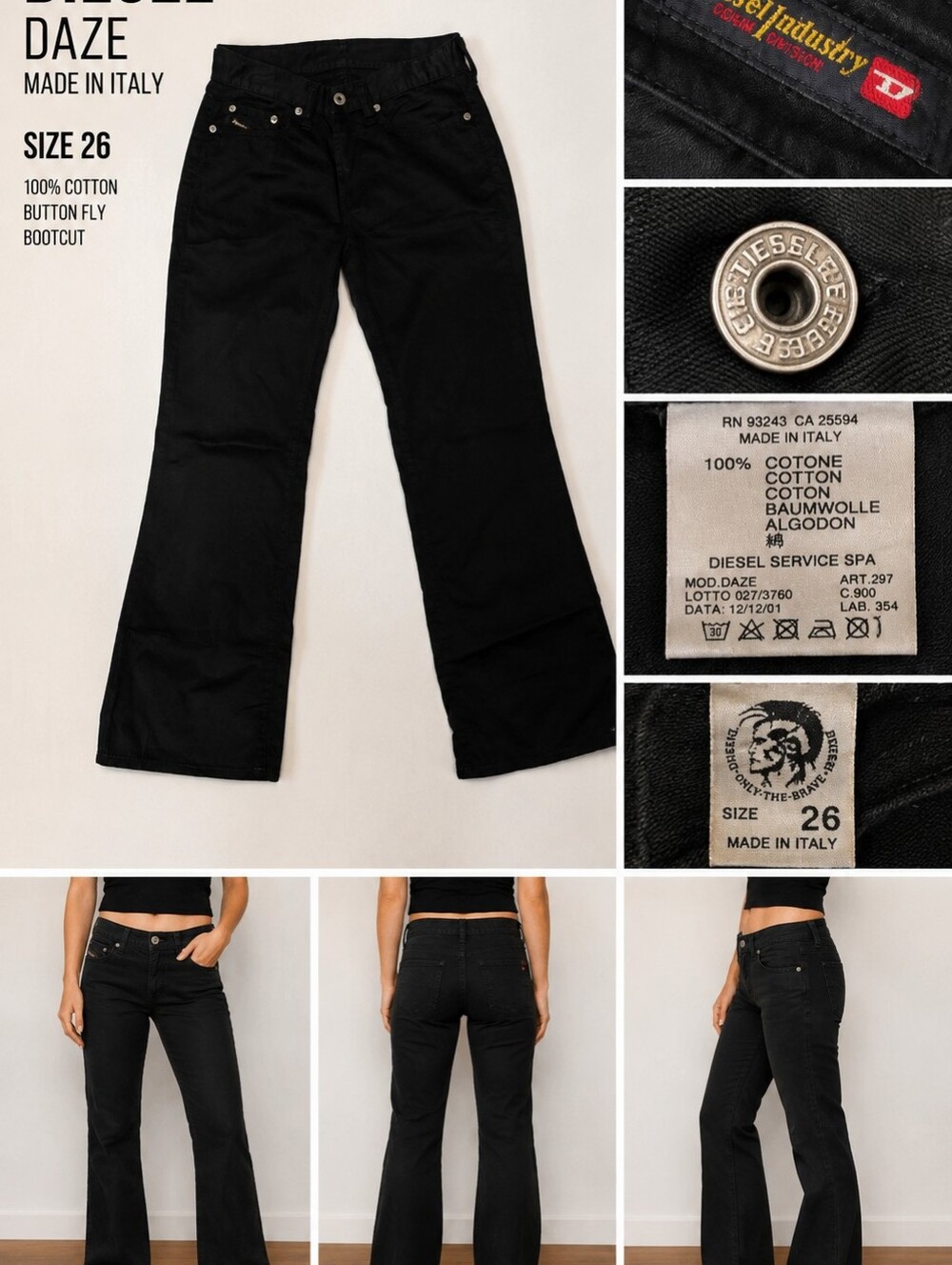 Y2K Diesel Black Flare Denim Jeans Womens 26 Made In Italy Dazed